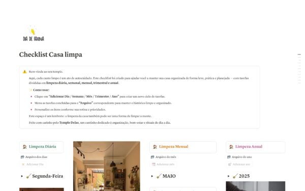 Casa limpa Checklist Casa Limpa – Organização Diária, Semanal, Mensal e Muito Mais!